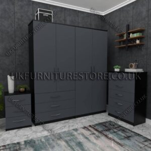 Front Gray Side Black 4 Door Wardrobe Set With 3 Bottom Drawers