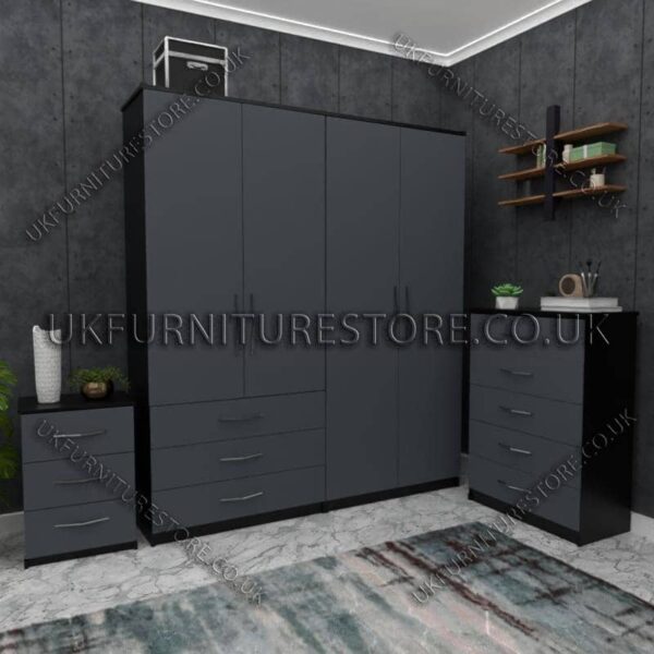 Front Gray Side Black 4 Door Wardrobe Set With 3 Bottom Drawers