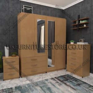 Beech 4 Door Wardrobe Set With 2 Mirrors and 3 Bottom Drawers