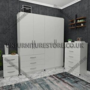 White 4 Door Wardrobe Set With 3 Bottom Drawers