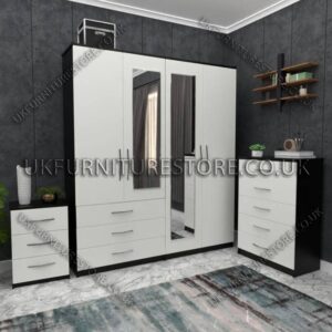 Front White Side Black 4 Door Wardrobe Set With 2 Mirrors and 3 Bottom Drawers
