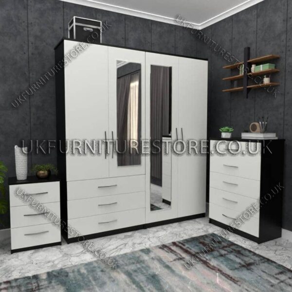 Front White Side Black 4 Door Wardrobe Set With 2 Mirrors and 3 Bottom Drawers
