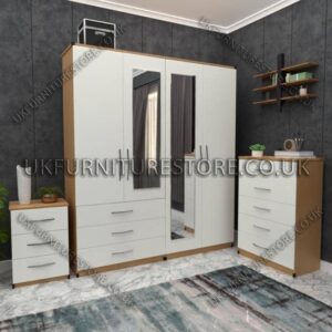 Front White Side Oak 4 Door Wardrobe Set With 2 Mirrors and 3 Bottom Drawers