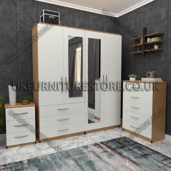 Front White Side Oak 4 Door Wardrobe Set With 2 Mirrors and 3 Bottom Drawers