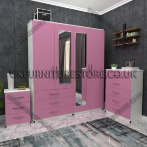 Front Pink Side White 4 Door Wardrobe Set With 2 Mirrors and 3 Bottom Drawers