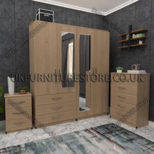 Oak 4 Door Wardrobe Set With 2 Mirrors and 3 Bottom Drawers