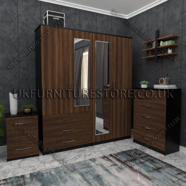 Front Walnut Side Black 4 Door Wardrobe Set With 2 Mirrors and 3 Bottom Drawers