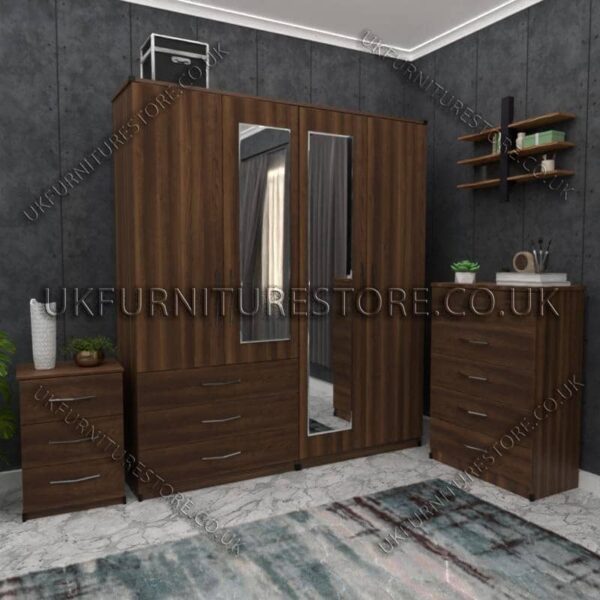 Walnut 4 Door Wardrobe Set With 2 Mirrors and 3 Bottom Drawers