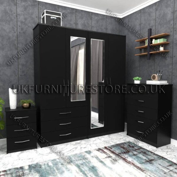 Black 4 Door Wardrobe Set With 2 Mirrors and 3 Bottom Drawers