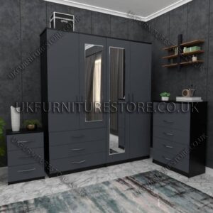 Front Gray Side Black 4 Door Wardrobe Set With 2 Mirrors and 3 Bottom Drawers