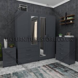 Gray 4 Door Wardrobe Set With 2 Mirrors and 3 Bottom Drawers