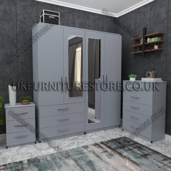 Silver 4 Door Wardrobe Set With 2 Mirrors and 3 Bottom Drawers