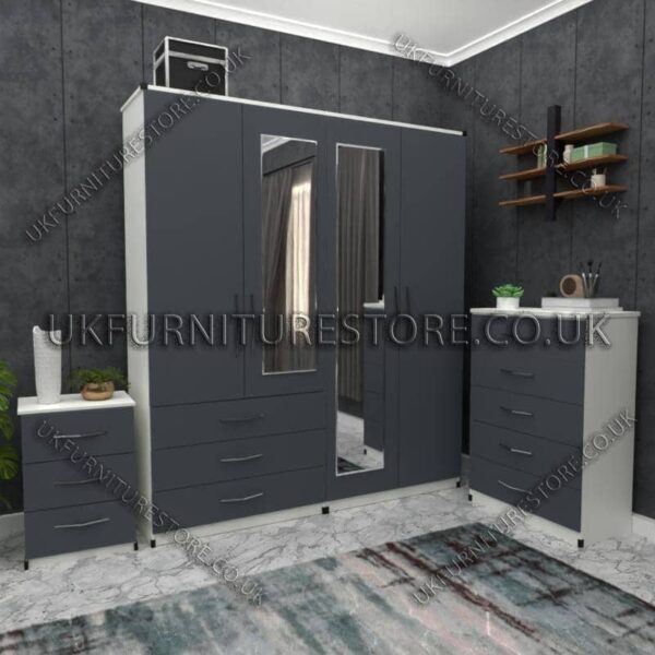Front Gray Side White 4 Door Wardrobe Set With 2 Mirrors and 3 Bottom Drawers