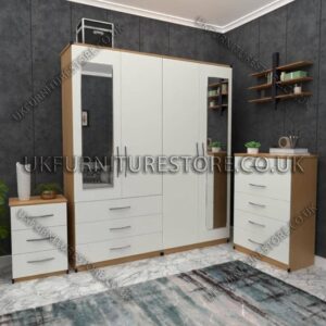 Front White Side Beech 4 Door Wardrobe Set With 2 Mirrors and 3 Bottom Drawers