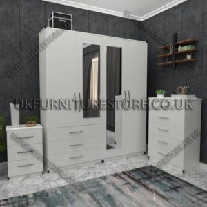 White 4 Door Wardrobe Set With 2 Mirrors and 3 Bottom Drawers
