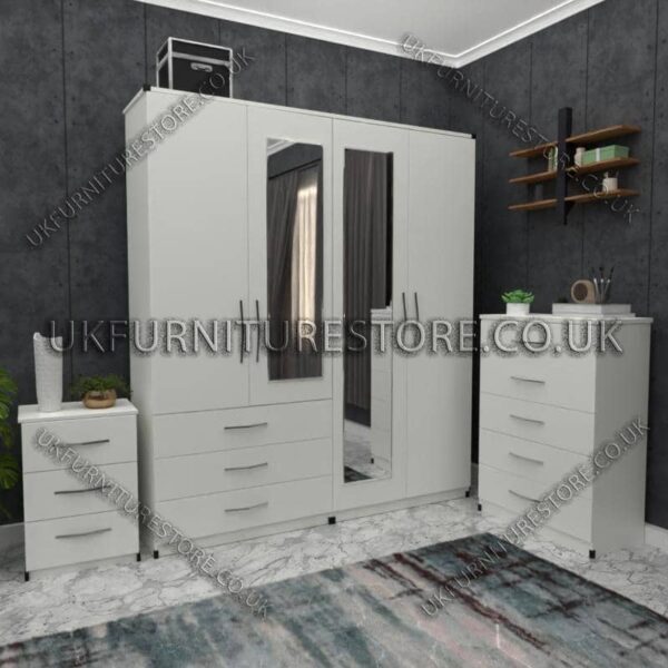 White 4 Door Wardrobe Set With 2 Mirrors and 3 Bottom Drawers