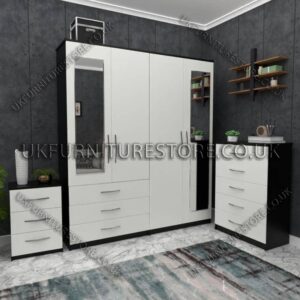 Front White Side Black 4 Door Wardrobe Set With 2 Mirrors and 3 Bottom Drawers