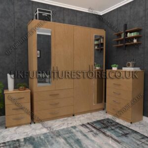 Beech 4 Door Wardrobe Set With 2 Mirrors and 3 Bottom Drawers
