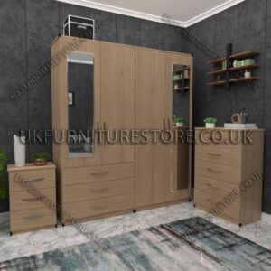 Oak 4 Door Wardrobe Set With 2 Mirrors and 3 Bottom Drawers