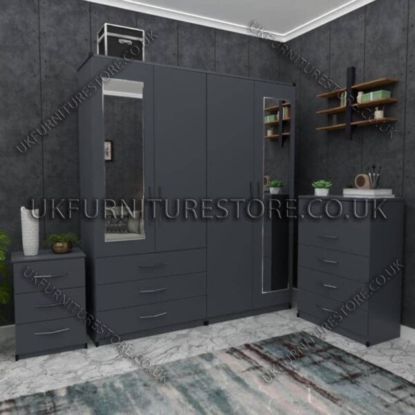 Gray 4 Door Wardrobe Set With 2 Mirrors and 3 Bottom Drawers