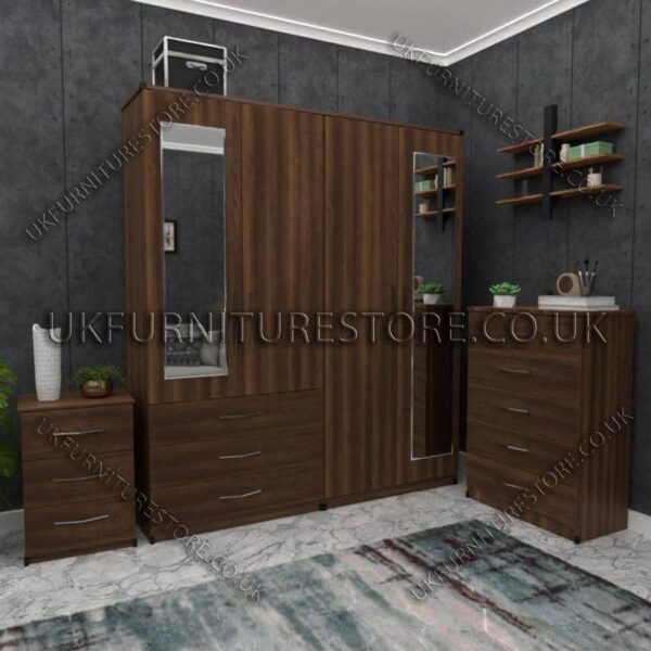 Walnut 4 Door Wardrobe Set With 2 Mirrors and 3 Bottom Drawers