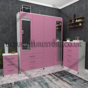 Front Pink Side White 4 Door Wardrobe Set With 2 Mirrors and 3 Bottom Drawers