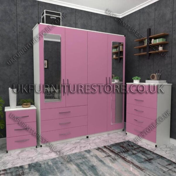 Front Pink Side White 4 Door Wardrobe Set With 2 Mirrors and 3 Bottom Drawers