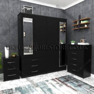 Black 4 Door Wardrobe Set With 2 Mirrors and 3 Bottom Drawers