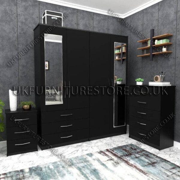 Black 4 Door Wardrobe Set With 2 Mirrors and 3 Bottom Drawers