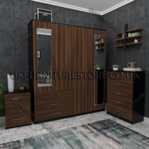 Front Walnut Side Black 4 Door Wardrobe Set With 2 Mirrors and 3 Bottom Drawers