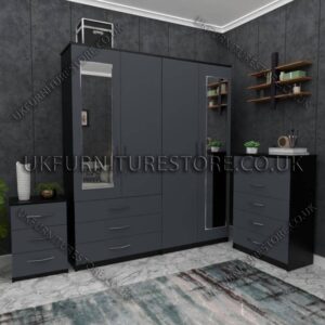 Front Gray Side Black 4 Door Wardrobe Set With 2 Mirrors and 3 Bottom Drawers