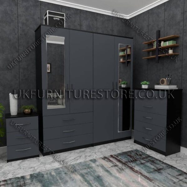 Front Gray Side Black 4 Door Wardrobe Set With 2 Mirrors and 3 Bottom Drawers
