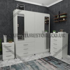 White 4 Door Wardrobe Set With 2 Mirrors and 3 Bottom Drawers