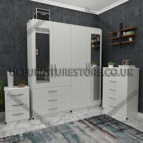 White 4 Door Wardrobe Set With 2 Mirrors and 3 Bottom Drawers