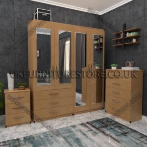 Beech 4 Door Wardrobe Set With 4 Mirrors and 3 Bottom Drawers