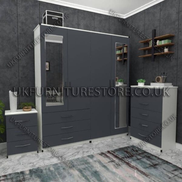 Front Gray Side White 4 Door Wardrobe Set With 2 Mirrors and 3 Bottom Drawers