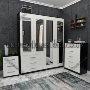 Front White Side Black 4 Door Wardrobe Set With 4 Mirrors and 3 Bottom Drawers