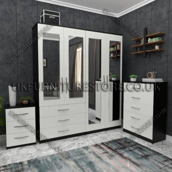 Front White Side Black 4 Door Wardrobe Set With 4 Mirrors and 3 Bottom Drawers