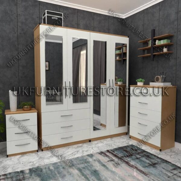 Front White Side Oak 4 Door Wardrobe Set With 4 Mirrors and 3 Bottom Drawers