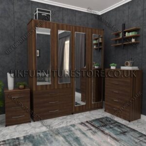 Walnut 4 Door Wardrobe Set With 4 Mirrors and 3 Bottom Drawers