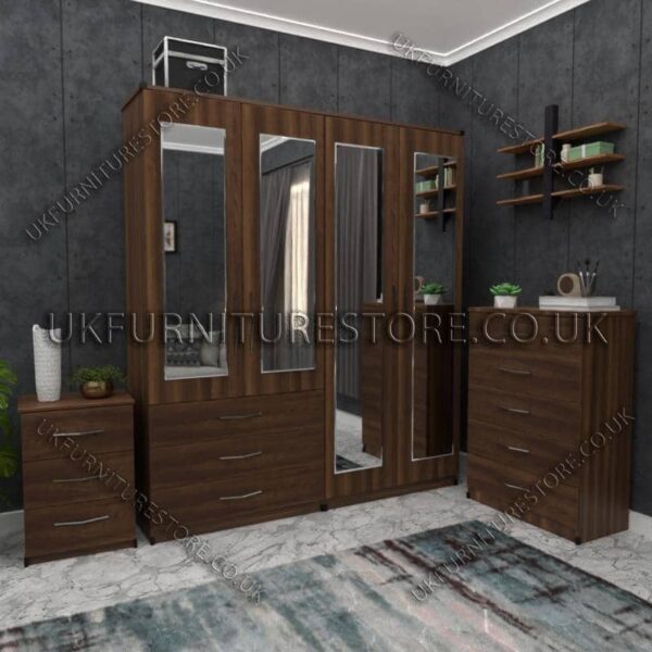 Walnut 4 Door Wardrobe Set With 4 Mirrors and 3 Bottom Drawers