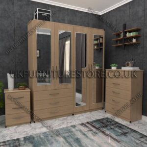 Oak 4 Door Wardrobe Set With 4 Mirrors and 3 Bottom Drawers