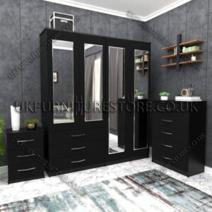 Black 4 Door Wardrobe Set With 4 Mirrors and 3 Bottom Drawers