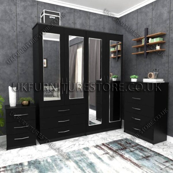 Black 4 Door Wardrobe Set With 4 Mirrors and 3 Bottom Drawers