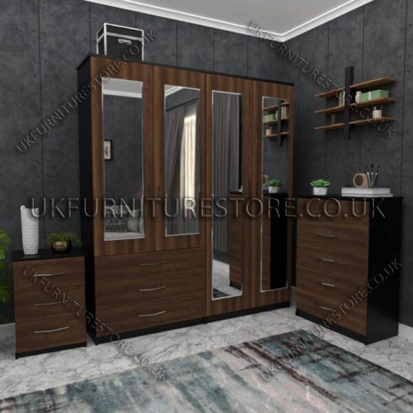 Front Walnut Side Black 4 Door Wardrobe Set With 4 Mirrors and 3 Bottom Drawers