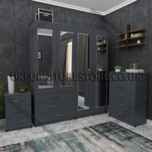 Gray 4 Door Wardrobe Set With 4 Mirrors and 3 Bottom Drawers