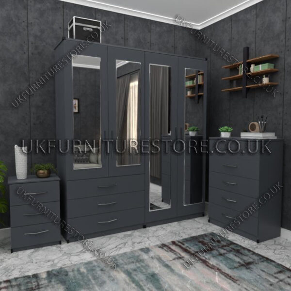 Gray 4 Door Wardrobe Set With 4 Mirrors and 3 Bottom Drawers