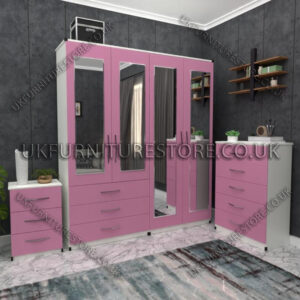 Front Pink Side White 4 Door Wardrobe Set With 4 Mirrors and 3 Bottom Drawers
