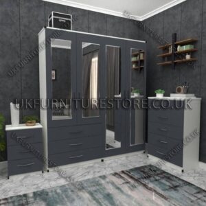 Front Gray Side White 4 Door Wardrobe Set With 4 Mirrors and 3 Bottom Drawers