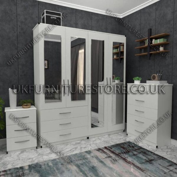 White 4 Door Wardrobe Set With 4 Mirrors and 3 Bottom Drawers